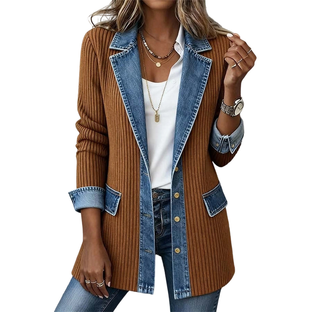 Odette™ | Ribbed Knit Coat with Denim Panels