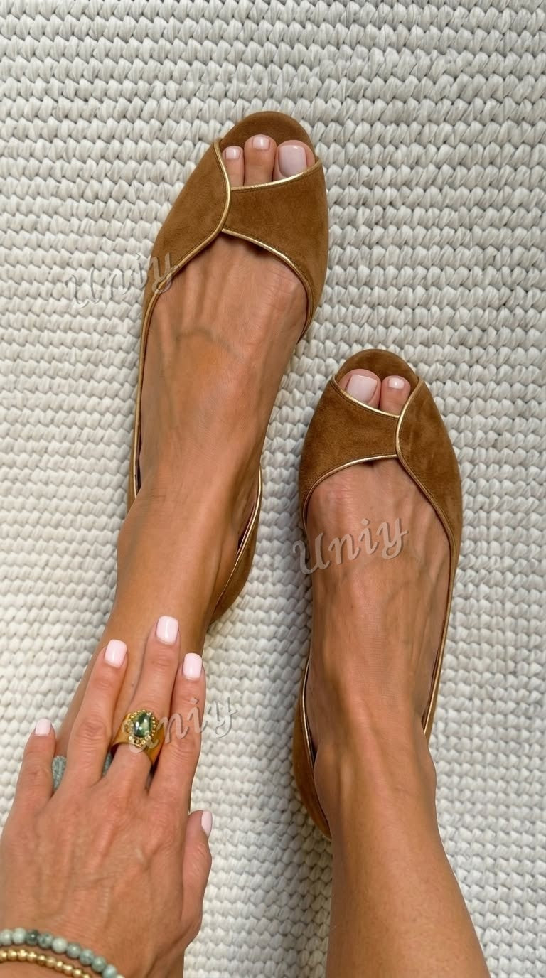 Pene - Beige and Gold Suede Open-Toe Flats